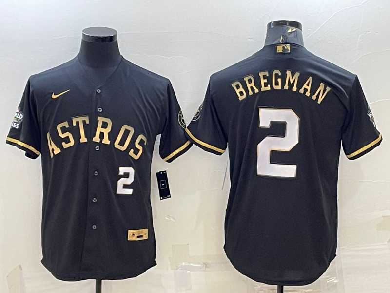 Men%27s Houston Astros #2 Alex Bregman Number Black Gold 2022 World Series Stitched Baseball Jersey->houston astros->MLB Jersey